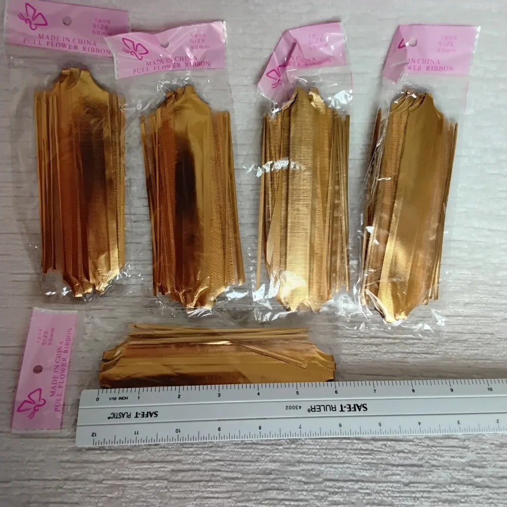 Pull-Ribbon Flower Bows Set Of 5 Color Gold 50mm Easy Present/basket Decor